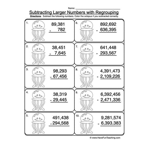 Subtracting Five Six Seven Regrouping Worksheet