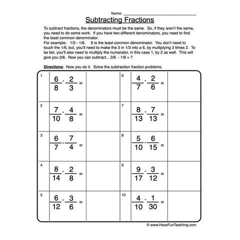 Subtracting Fractions Worksheet