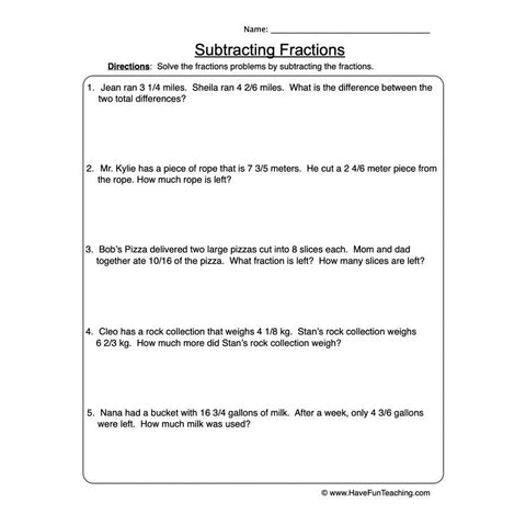 Subtracting Fractions Worksheet 2