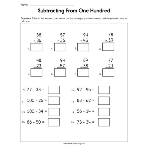 Subtracting from One Hundred Worksheet