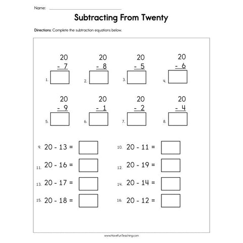 Subtracting from Twenty Worksheet