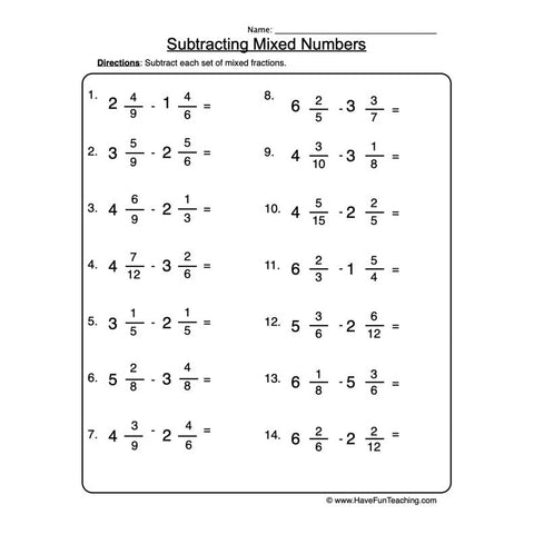 Subtracting Mixed Numbers Worksheet