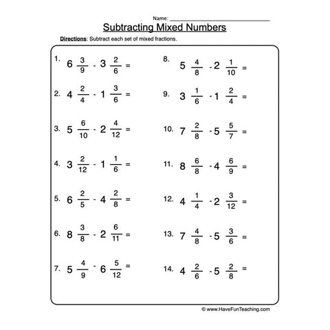 Subtracting Mixed Numbers Worksheet 2