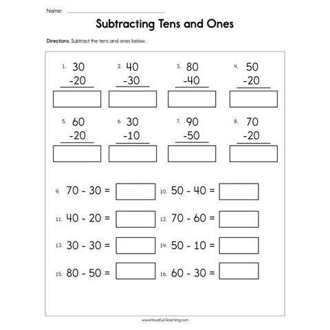 Subtracting Tens and Ones Worksheet