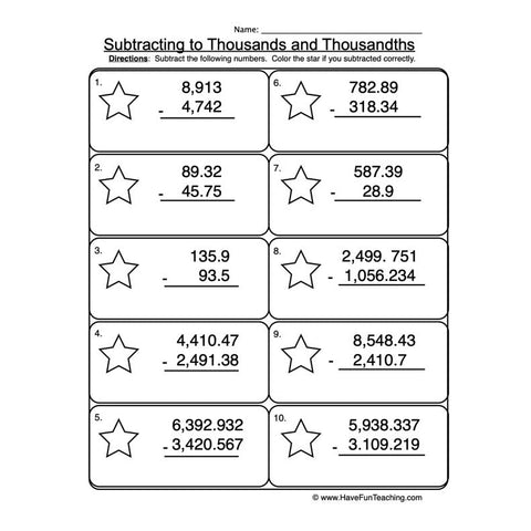 Subtracting Thousands Thousandths Worksheet