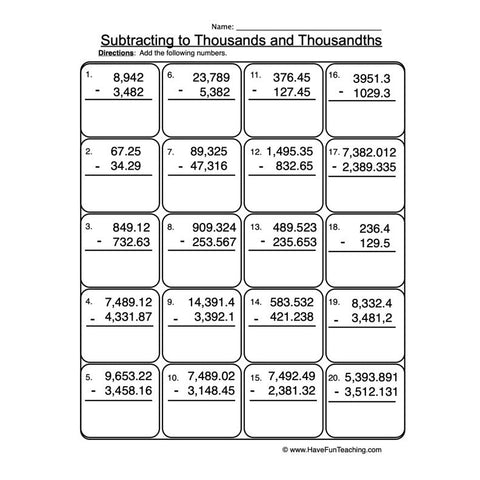 Subtracting Thousands Thousandths Worksheet 2