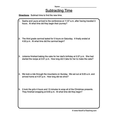 Subtracting Time Worksheet