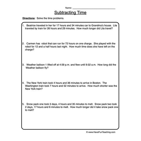Subtracting Time Worksheet 2