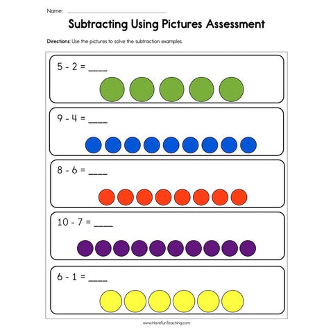 Subtracting Using Pictures Assessment Worksheet