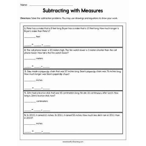 Subtracting with Measures Worksheet