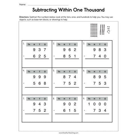 Subtracting Within One Thousand Worksheet