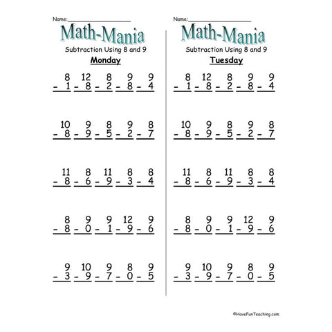 Subtraction 8 9 Worksheet