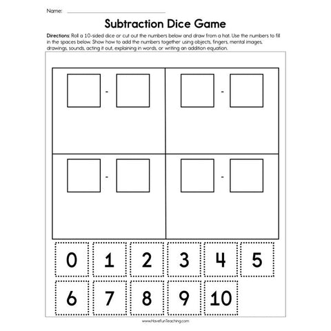 Subtraction Dice Worksheet