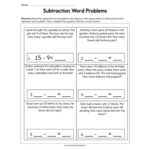 Subtraction Equation Word Problems Worksheet