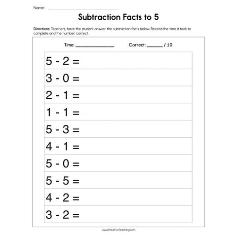Subtraction Facts to Worksheet