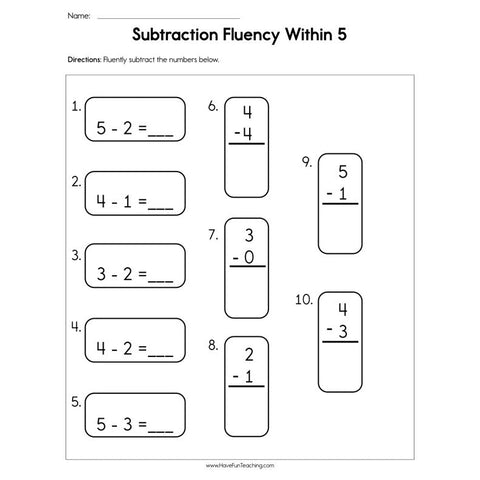 Subtraction Fluency Within Worksheet