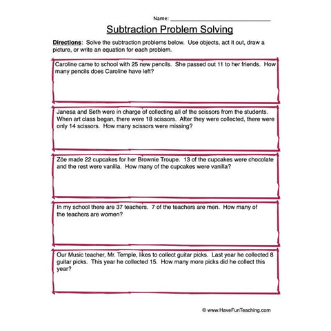 Subtraction Problem Solving Worksheet