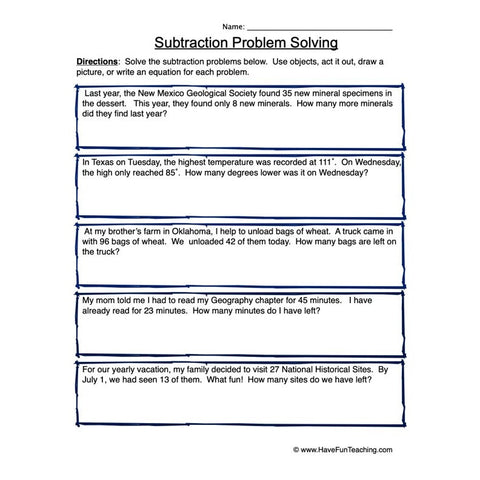Subtraction Problem Solving Worksheet 2