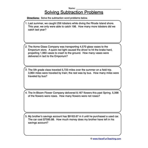Subtraction Word Problems Worksheet