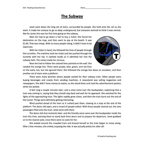 Subway Reading Comprehension Worksheet