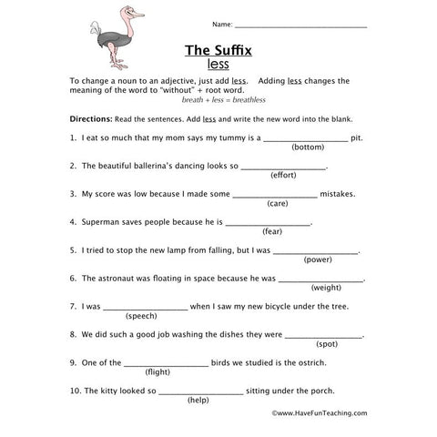 Suffix Less Worksheet