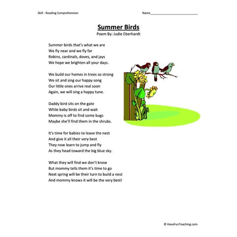 Summer Birds Reading Comprehension Worksheet