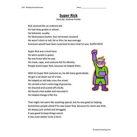 Super Rick Reading Comprehension Worksheet