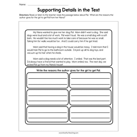 Supporting Details in the Text Worksheet