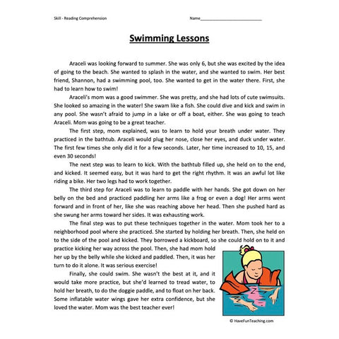 Swimming Lessons Reading Comprehension Worksheet