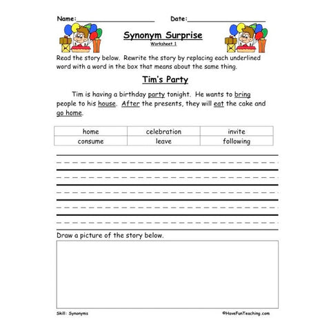 Synonym Surprise Worksheet