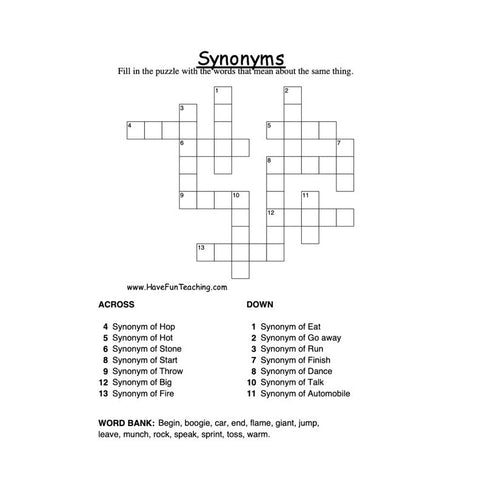 Synonyms Crossword Puzzle Worksheet