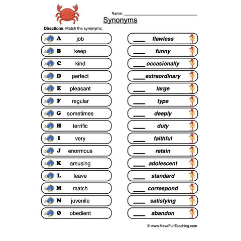 Synonyms Worksheet