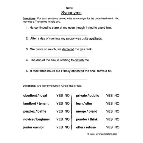 Synonyms 2 Worksheet