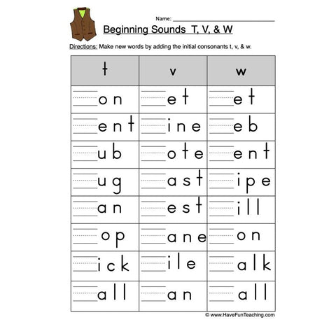 T V W Beginning Worksheet 2