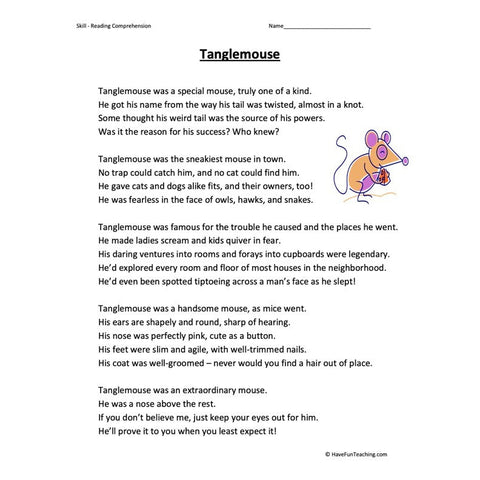 Tanglemouse Reading Comprehension Worksheet