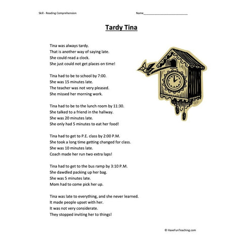 Tardy Tina Reading Comprehension Worksheet