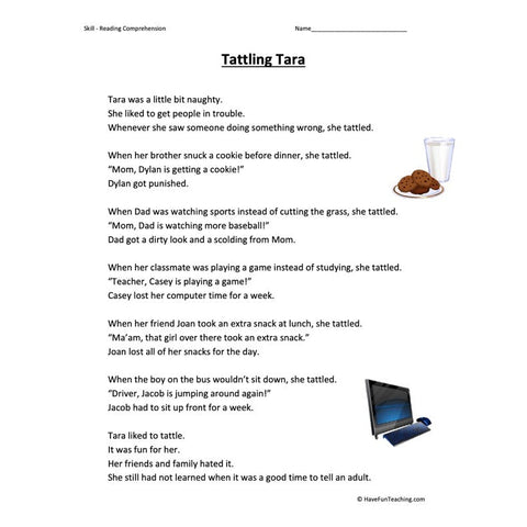 Tattling Tara Reading Comprehension Worksheet