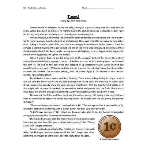 Taxes Sixth Reading Comprehension Worksheet