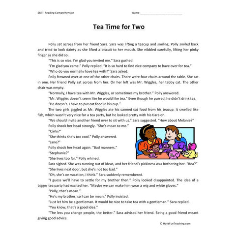 Tea Time for Two Reading Comprehension Worksheet