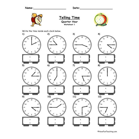 Telling Time Analog Digital Quarter Hour Worksheet