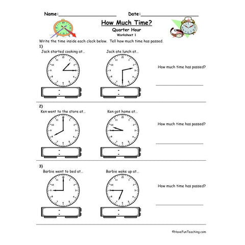 Telling Time Clock Quarter Hour Worksheet