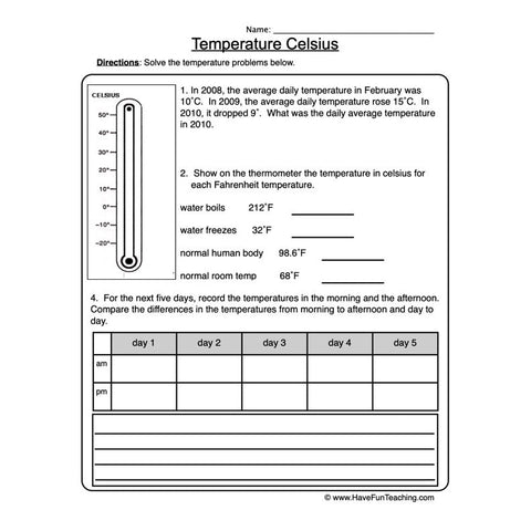 Temperature Celsius Worksheet