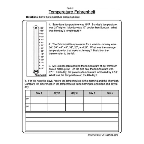 Temperature Fahrenheit Worksheet