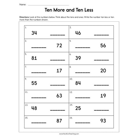 Ten More and Ten Less Worksheet