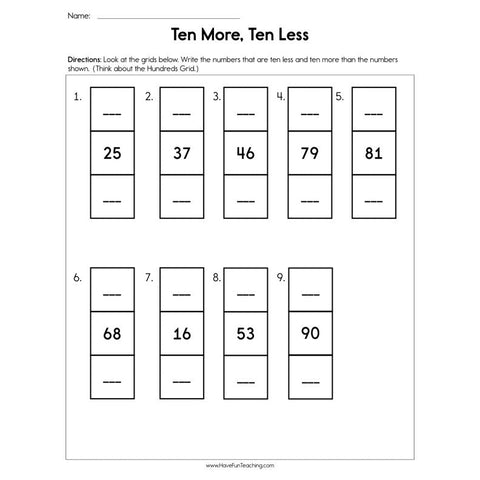 Ten More Ten Less Worksheet