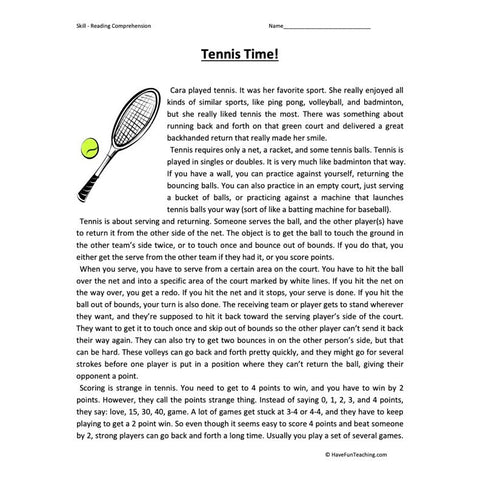 Tennis Time Reading Comprehension Worksheet