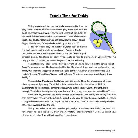 Tennis Time for Teddy Reading Comprehension Worksheet