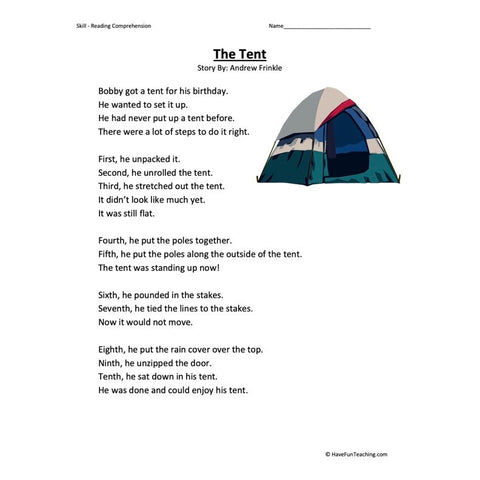Tent Reading Comprehension Worksheet