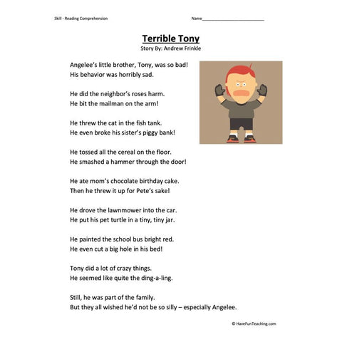 Terrible Tony Reading Comprehension Worksheet