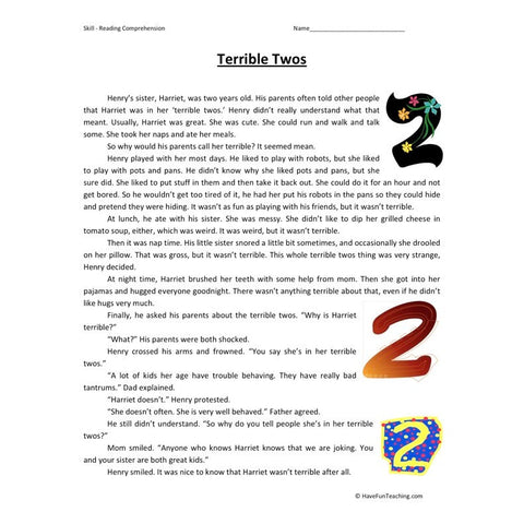 Terrible Twos Reading Comprehension Worksheet